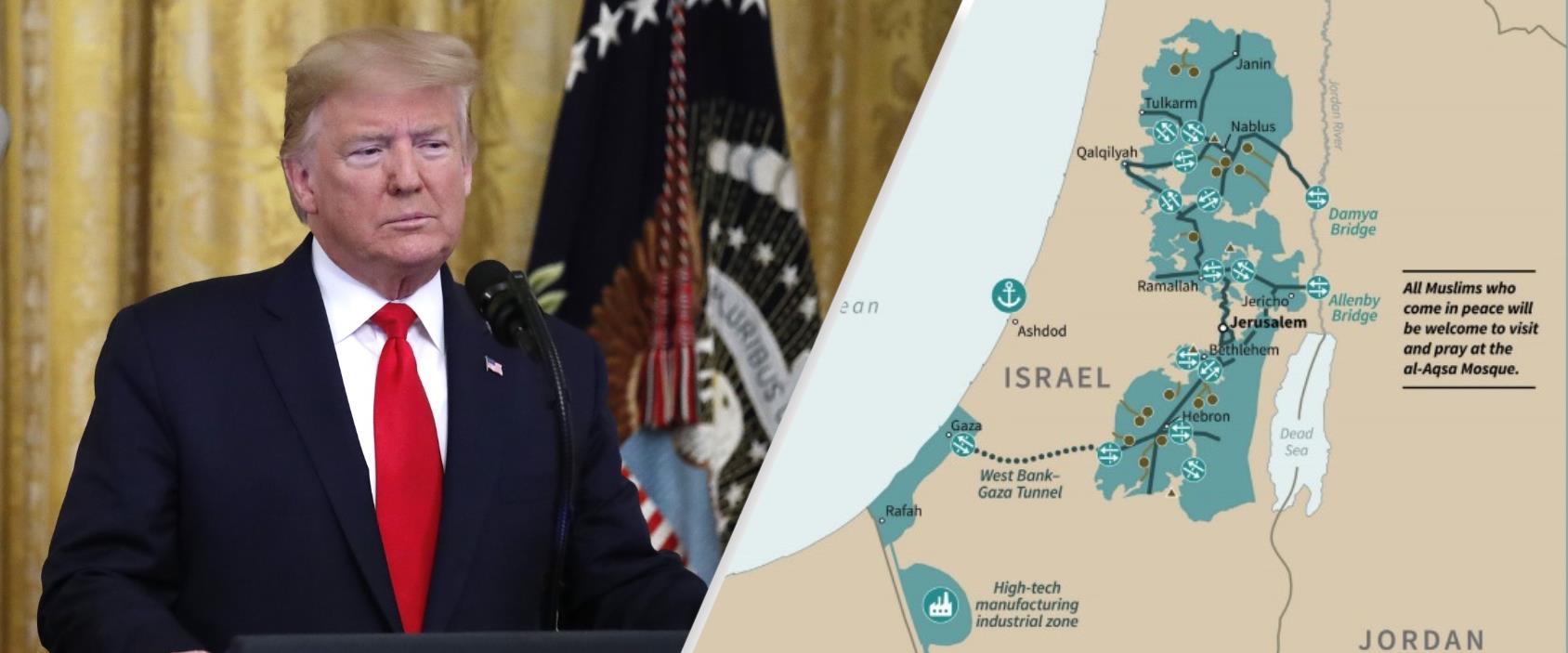 מפת "המדינה הפלסטינית העתידית" לפי תוכנית טראמפ